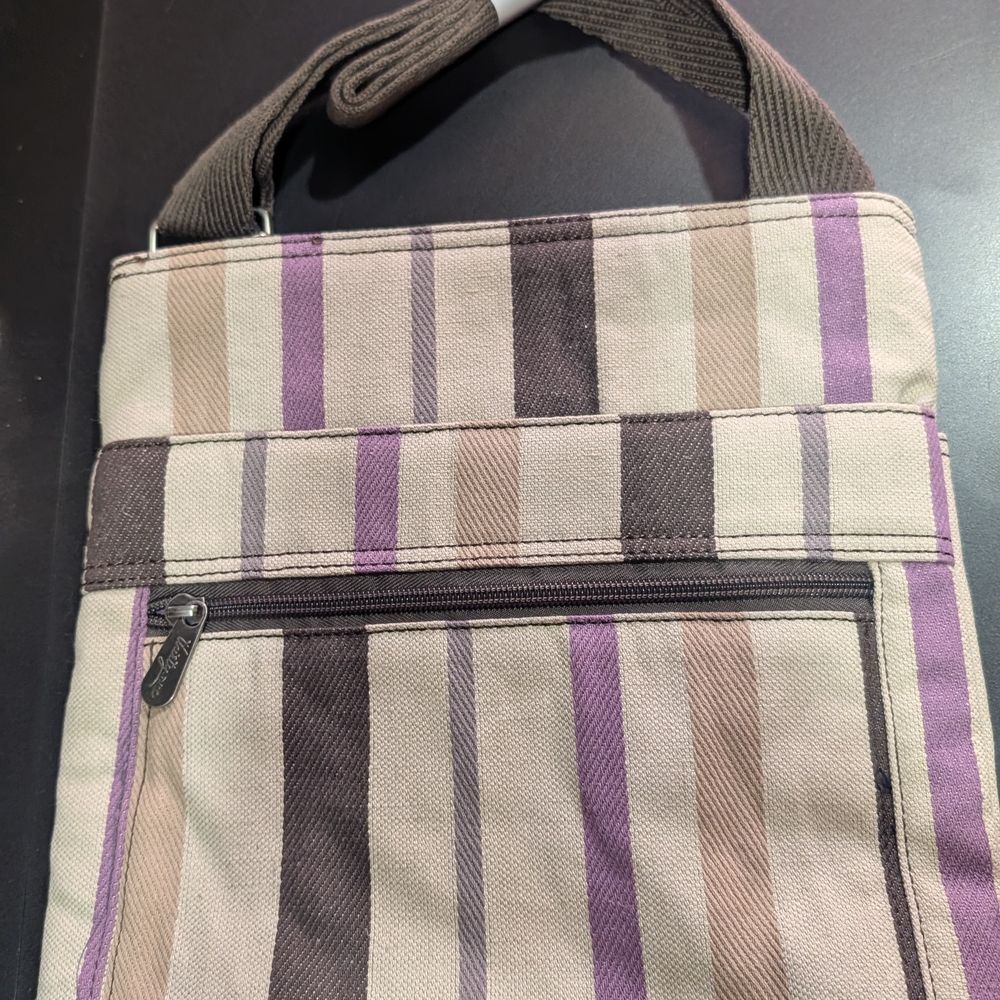 Thirty-One Crossbody Bag with Purple and Brown Stripes